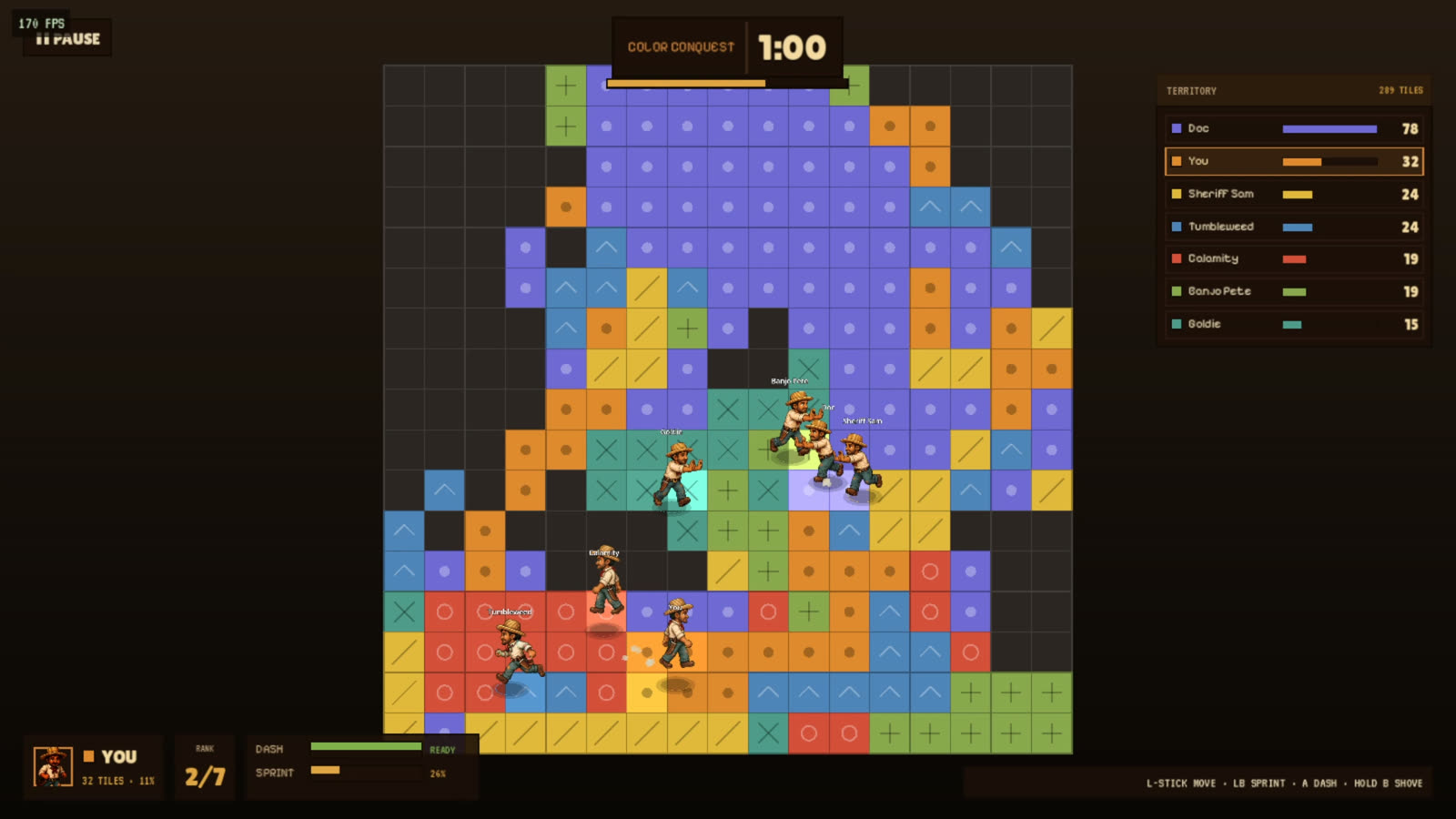 Color Conquest gameplay — outlaws paint the grid their color to claim the most territory