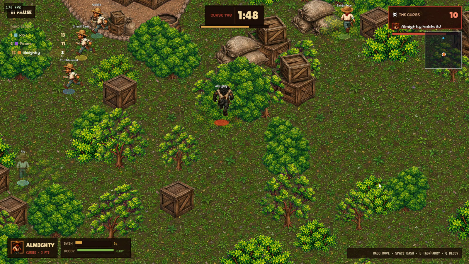 Curse Tag gameplay — outlaws scatter across the frontier while the cursed player is marked