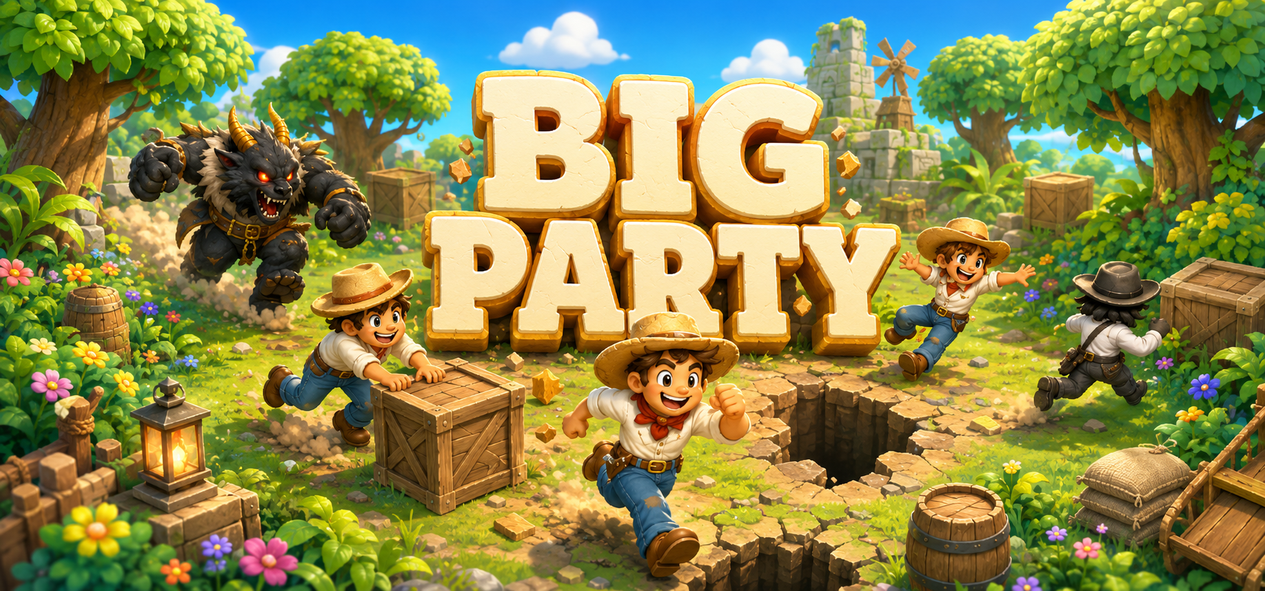 Big Party — cowboys scramble across a sunlit frontier as a monster charges in